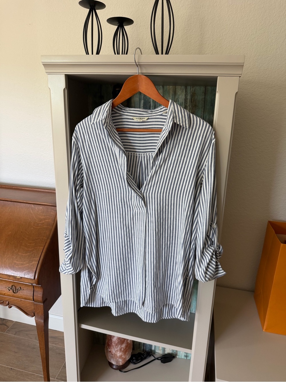 Max Studio Blue and White Striped Button-Down Shirt